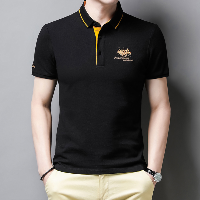 Men's Elbow-Sleeved Top Summer New Polo Collar Embroidered Polo Fashion Solid Color Middle-Aged and Young Men's Short-Sleeved Top T-shirt Men's