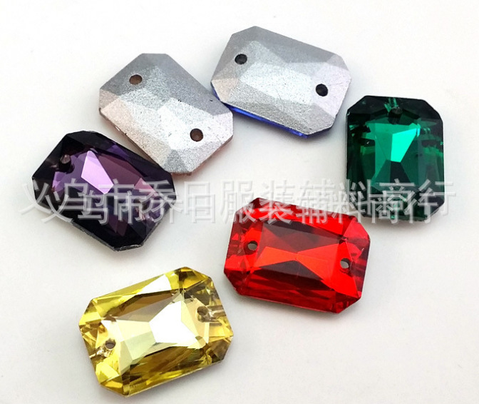 Colorful Glass Crystal Diamond Double-Hole Heterosexual Rhinestone DIY Accessories Rectangular Octagonal Clothing Hand-Stitched Glass Diamond Spot