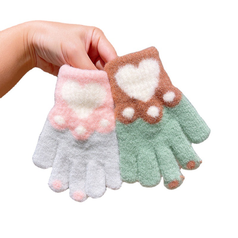 Children's Knitted Crystal Velvet Warm Gloves Cute Cat Heart Five-Finger Little Girl Writing Cold-Proof Gloves 5-10