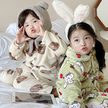 儿童睡衣套装2023秋冬男童女童韩版卡通法兰绒加厚保暖家居服套装