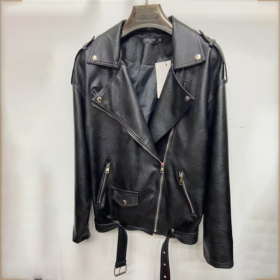 今年流行皮衣外套女年新款爆款欧货仿羊皮宽松机车皮夹克复古