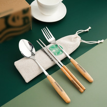 日韩简约木柄便携餐具巴克不锈钢三件套筷子勺子户外旅行布袋套装