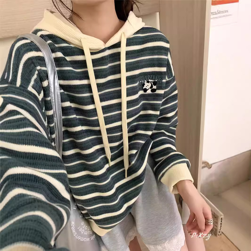 mz 秋季卫衣新款学生韩版宽松撞色条纹卡通刺绣连帽女式卫衣外套