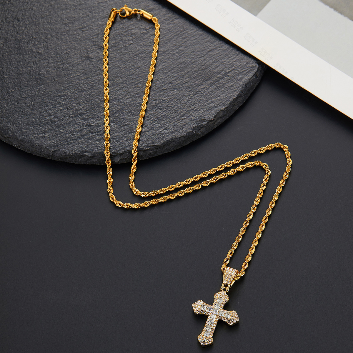 Hip Hop Cross Necklace Live Broadcast New Retro Easy Matching Diamond Net Red Cross Stand Pendant Necklace One Piece Dropshipping