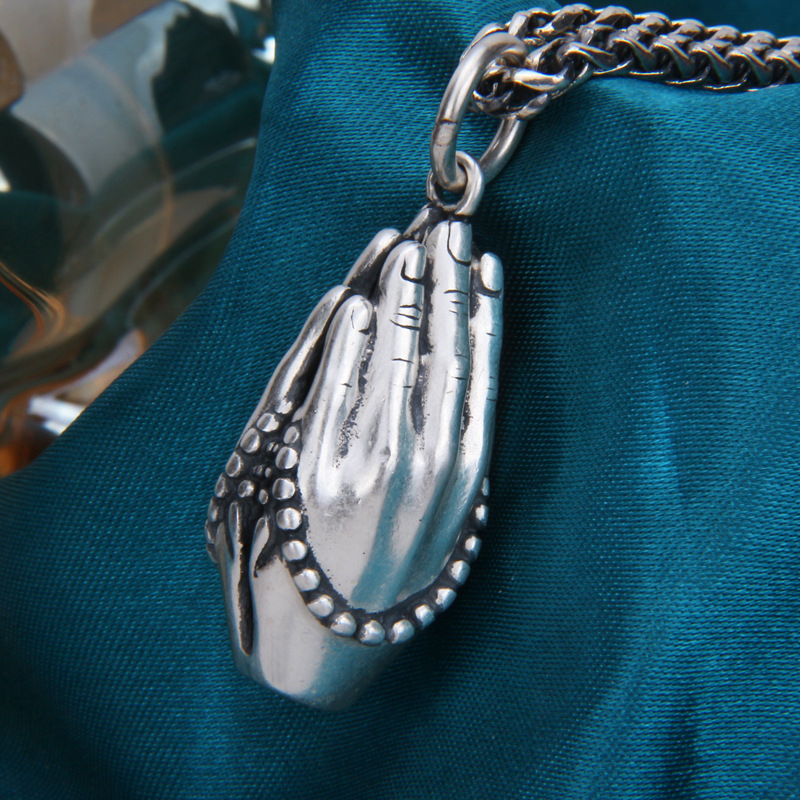 s990足银复古做旧双手合十佛手佛珠吊坠纯银饰品泰银男女士情侣款