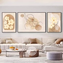 现代简约客厅装饰画高级原木质感奶油风沙发背景挂画抽象三联壁画