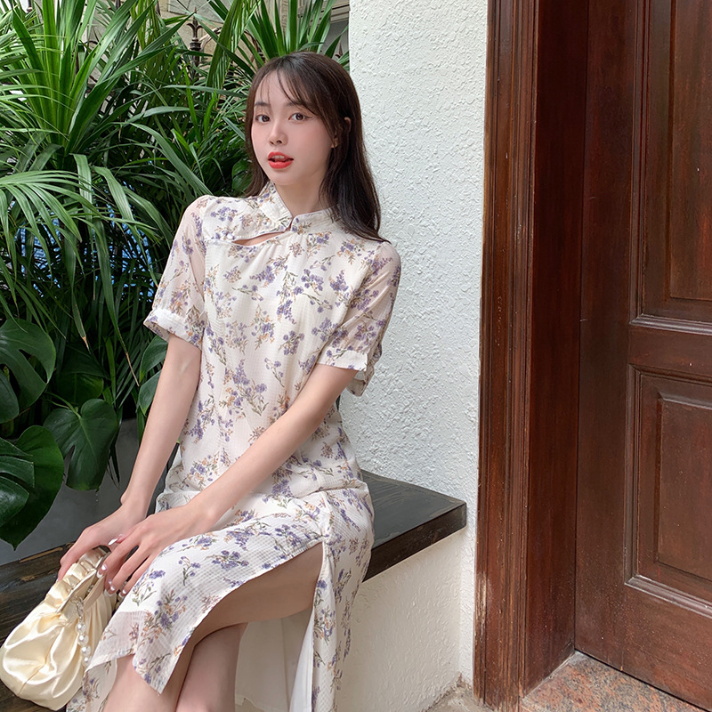 万勒斯2022夏季新款大码女装胖mm改良版国风碎花连衣裙女设计感开