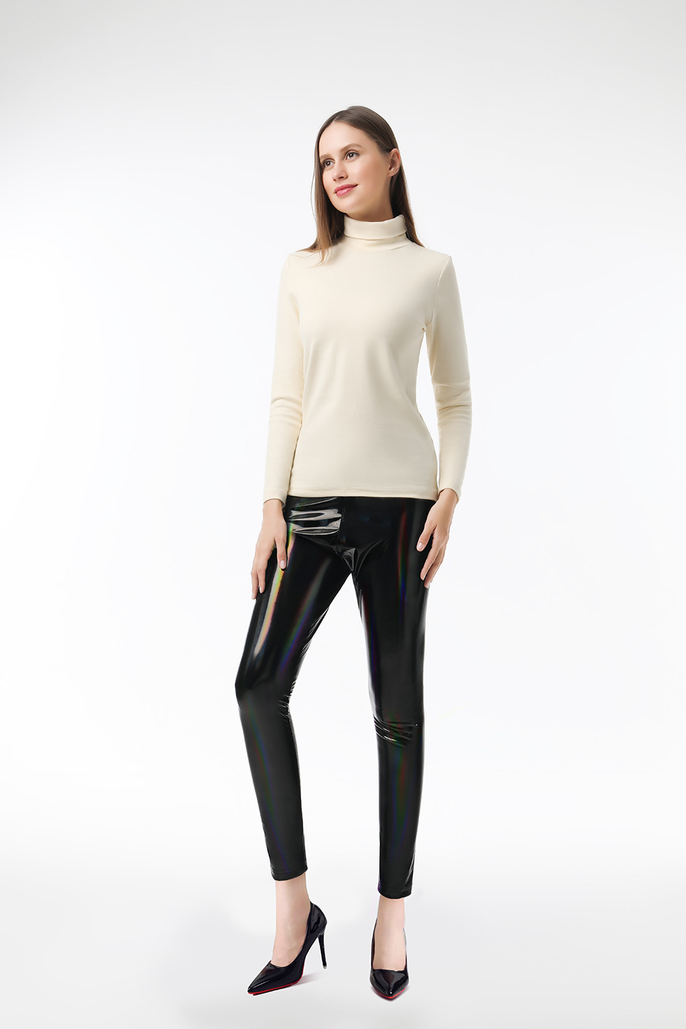 跨境女高腰幻彩亮皮皮裤性感紧身镜面亮皮长裤小脚大码pu打底裤