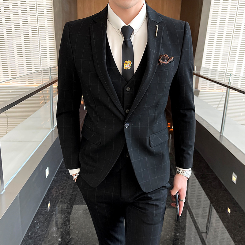 男士西服套装三件套商务修身休闲套装韩版格子小西装外贸批发正装