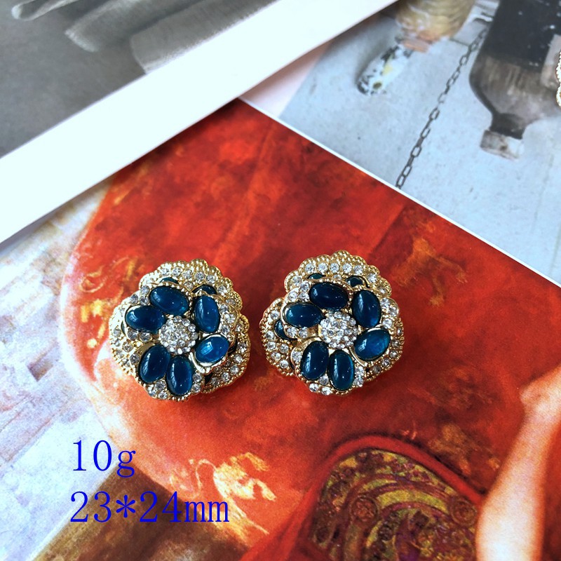 Western Antique Medieval Brooch Mysterious Ink Blue Jelly Resin Gem Diamond Multi-Layer Flower Brooch Earings Set
