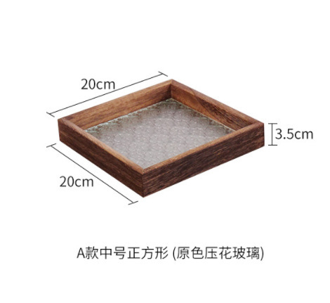 Creative Wooden Rectangular Begonia Embossed Glass Plate Tea Tray Solid Wood Photography Props Rectangular Storage Plate Dish