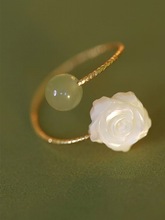 花影天然和田玉戒指女设计感小众白蝶贝玫瑰高级感个性戒指可调节