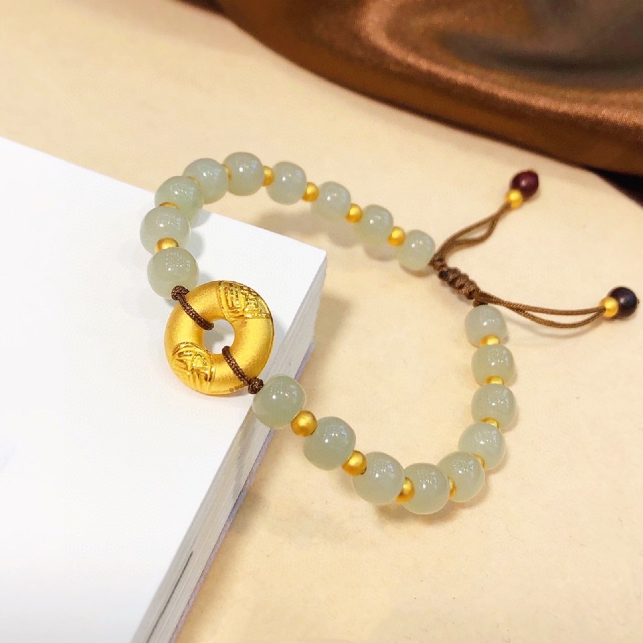 足金纳福平安扣吊坠翡翠和田玉手串18硬k金古法金珠手链小叶紫檀