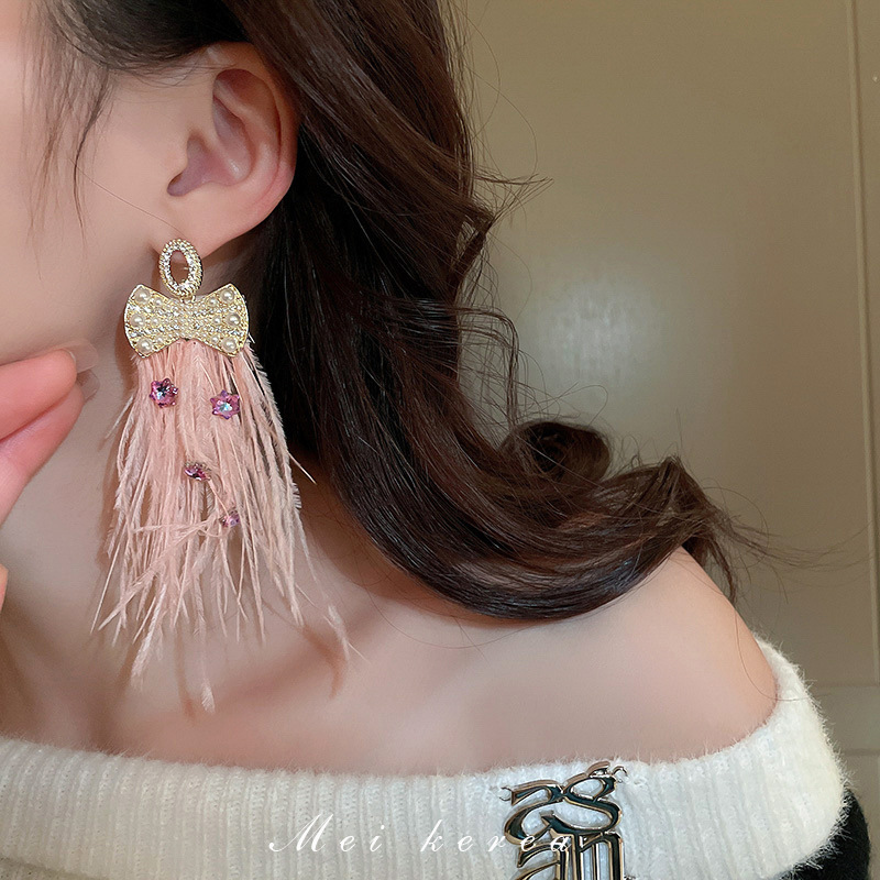 Silver Needle Sweet Super Fairy Diamond Flower Feather Earrings Female Korean Ins Niche Design Earrings Graceful Earrings