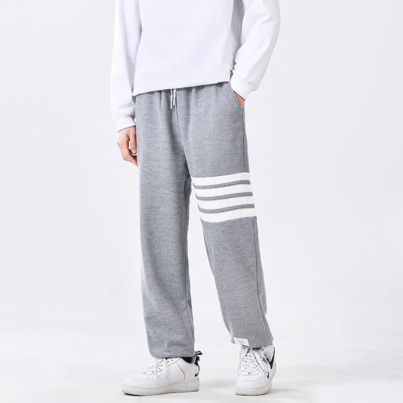 抗皱华夫格秋冬加绒条纹卫裤男女同款收口束脚休闲九分运动裤子潮