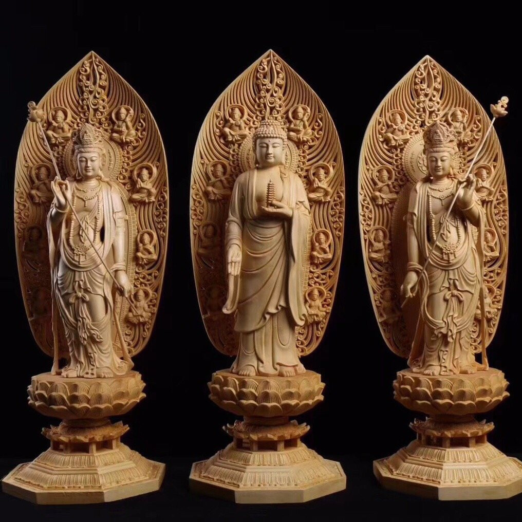 黄杨桧木雕刻东方三圣摆件供奉药师菩萨佛像家居摆饰工艺礼品批发