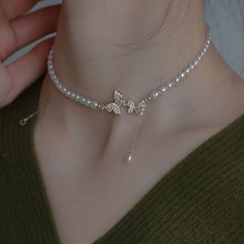 蝴蝶结高亮强光天然淡水珍珠项链女士小众设计感锁骨链小米形颈链