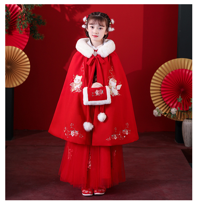 Girls' Improved Hanfu Dress New Fleece-lined Thickened Children's Cheongsam Dress Autumn and Winter Tang Suit Ancient Costume