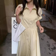 韩国chic夏季复古气质翻领单排扣抽绳收腰显瘦短袖衬衫式连衣裙女