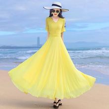 2024夏季新款黄色雪纺连衣裙长款修身显瘦大摆裙子沙滩长裙飘逸女