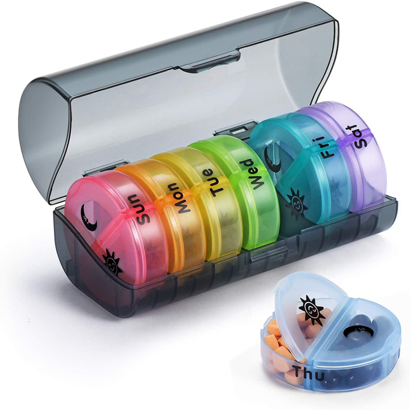 round Pill Box Seven Days Moisture-Proof 14 Grid Small Size Portable One Week Morning and Evening Capsule Organize and Storage Pill Box Separately Packed Case