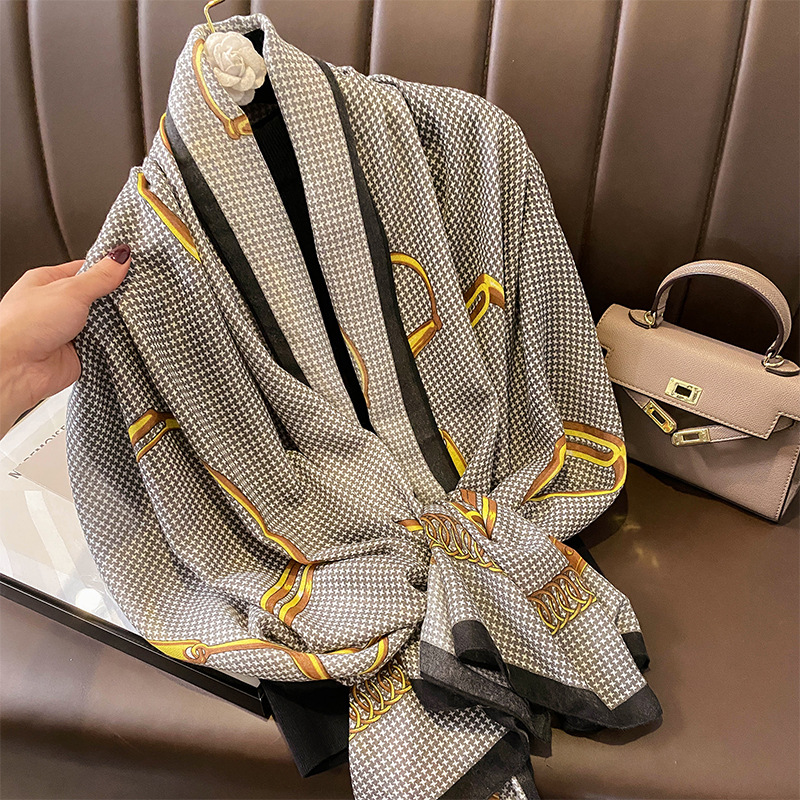 Korean Style Small Houndstooth Chain Cotton and Linen Feel Scarf Silk Scarf Warm Autumn and Winter Outerwear Shawl Dual-Use Mother Style