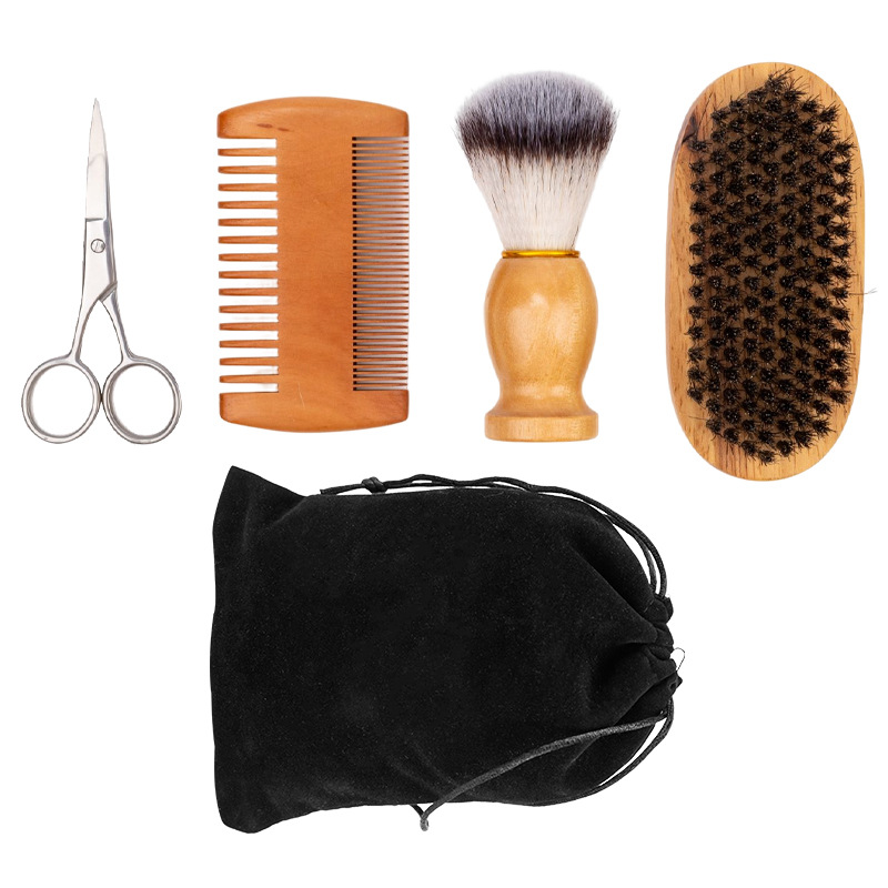 Four-Piece Set of Beards for Cross-Border Manufacturers, Shaving Brush Two-Sided Hairbrush Pogonotomy Scissors, Hair Brush, Buggy Bag Men