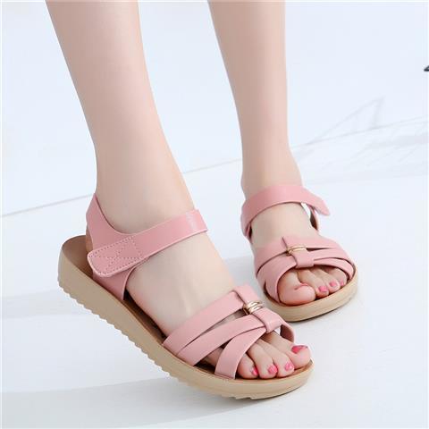 夏中大童简约百搭凉鞋平跟软底女鞋滑中学生黑色平底休闲凉鞋