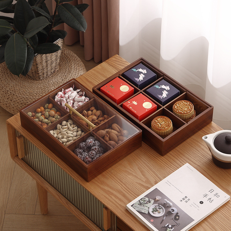 New Chinese Nuts Snack Storage Box Living Room Home New Year Grid Dried Fruit Box Melon Seeds Candy Box Solid Wood Fruit Plate