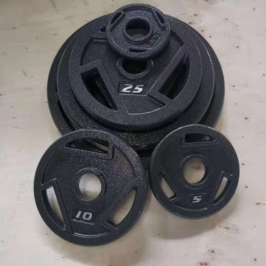 健身房商用烤漆杠铃片健身房举重奥片大孔铸铁一体杠铃片