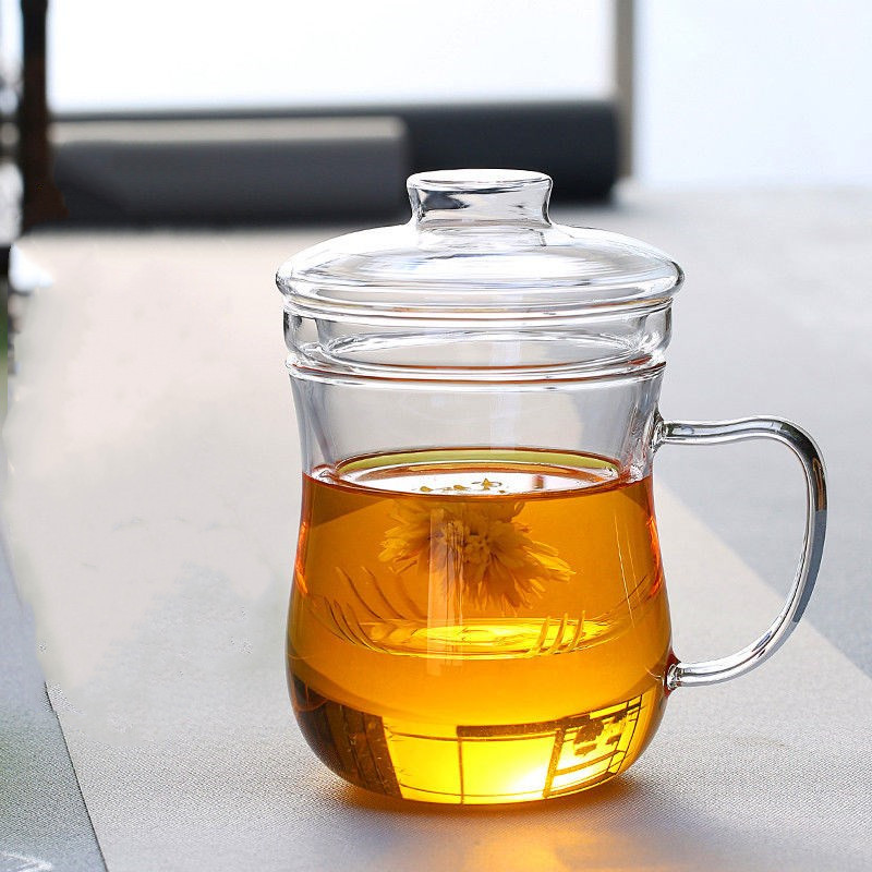 高硼硅玻璃泡茶喝茶杯子 带盖三件杯 家用透明玻璃美体杯过滤茶杯