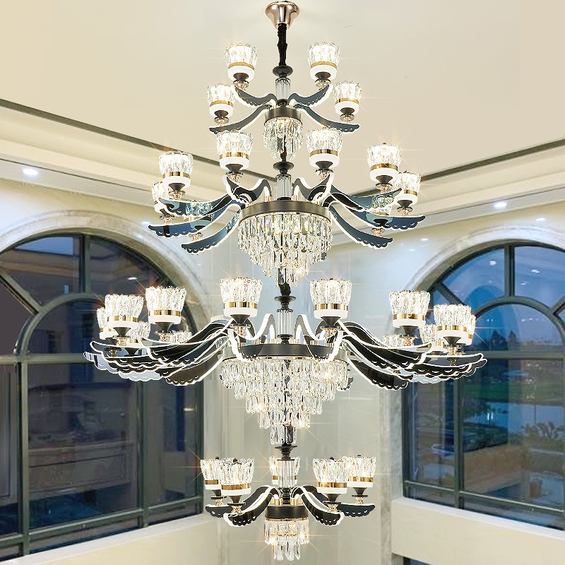 批发复式楼客厅大吊灯简欧别墅挑空中空臂发光新中式现代简约水晶