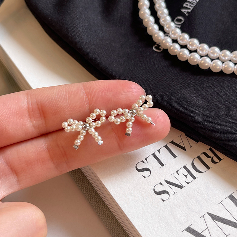 sweet simple graceful white gold plated earrings eardrops s925 sterling silver needle s home small bead bow stud earrings female