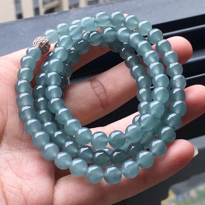 天然a货翡翠玉石项链高冰种蓝刚天空蓝圆珠多圈手链男女款珠链7mm