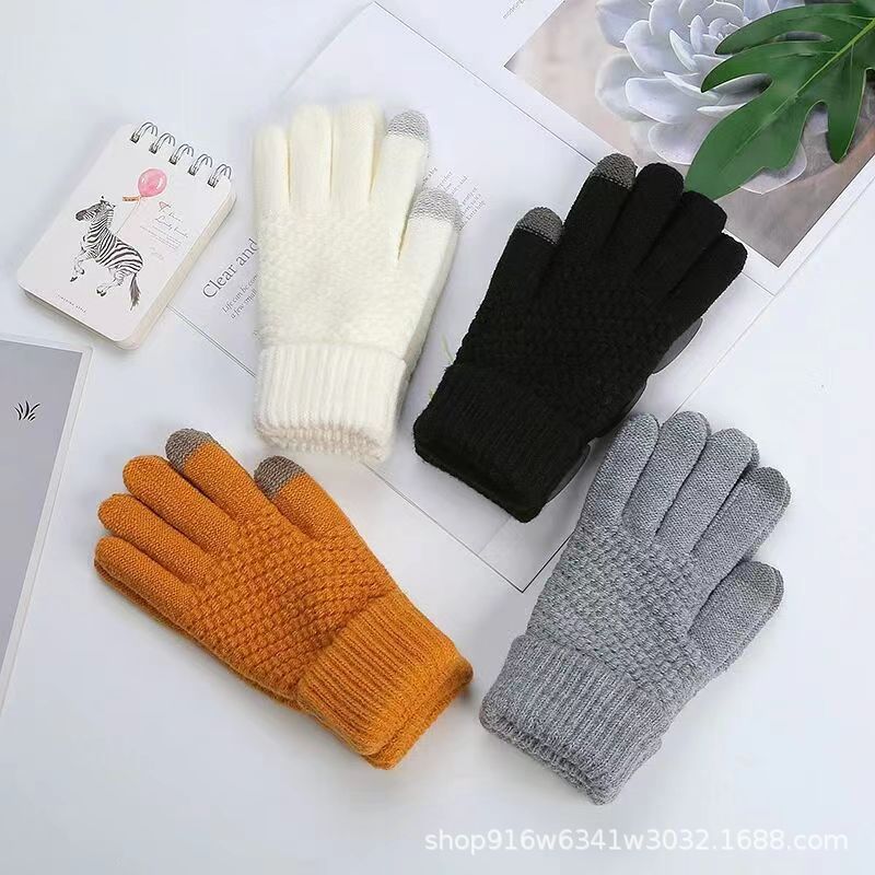 Production and Processing Pineapple Jacquard Knitted Touch Screen Men and Women Winter Fleece Lined Padded Warm Keeping Gloves Factory Direct Sales