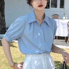 蓝色雪纺短袖衬衫女夏季V领衬衣职业气质正装面试宽松泡泡袖上衣