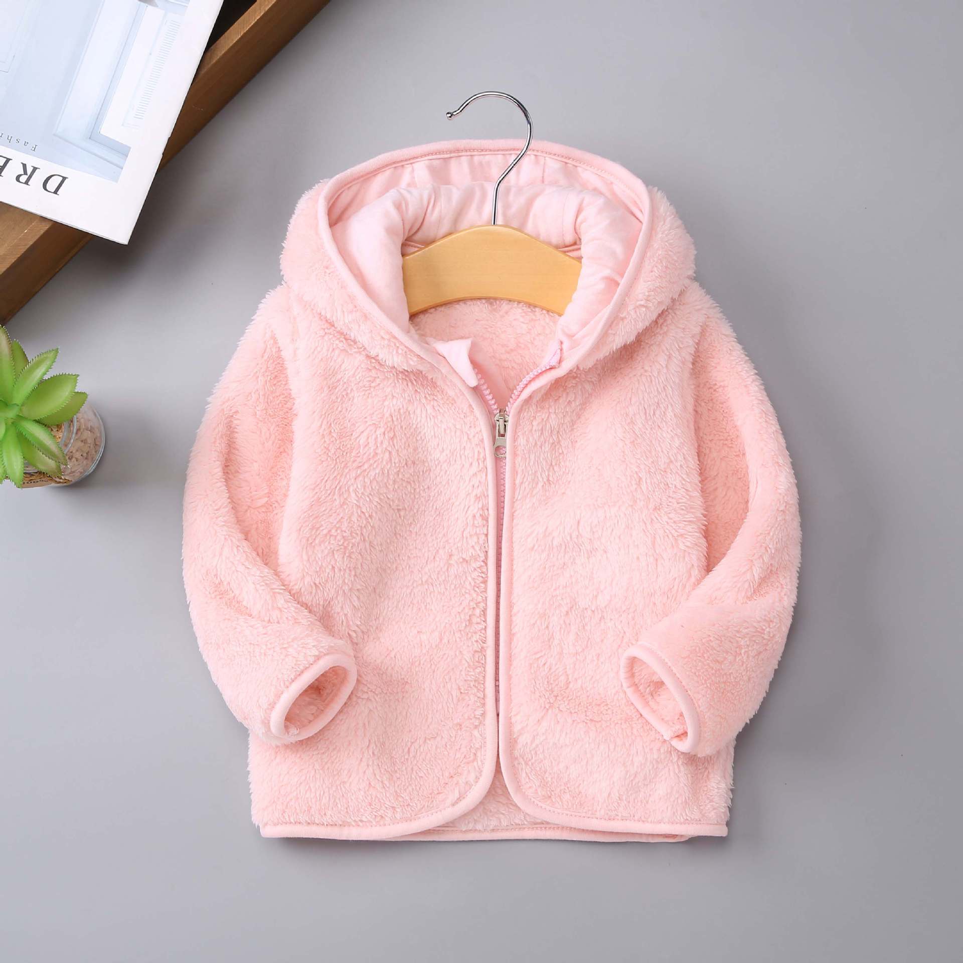 baby flannel hooded bear top early spring autumn and winter korean style boys and girls fleece-lined warm soft comfortable coat