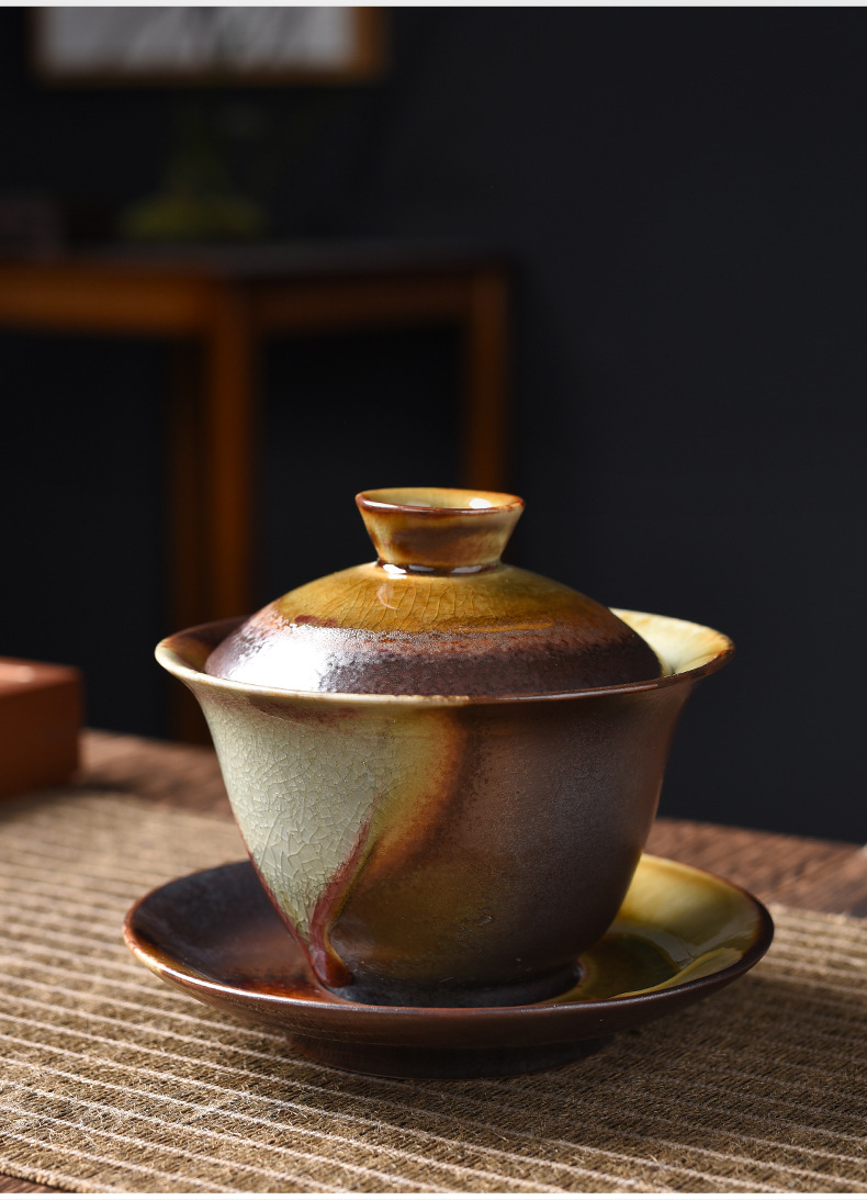 柴烧窑变盖碗家用三才盖碗茶杯复古陶瓷泡茶碗功夫茶具单个敬茶碗