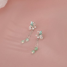 小清新半蝴蝶长款流苏耳环绿色串珠优雅质感高级感春季新款耳钉
