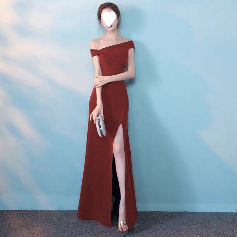 敬酒服2020新款优雅一字肩长款开叉显瘦伴娘礼服名媛聚会女-阿里巴巴