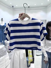 韩国东大门2023夏季女装新款短款显瘦条纹圆领短袖小个子T恤女潮