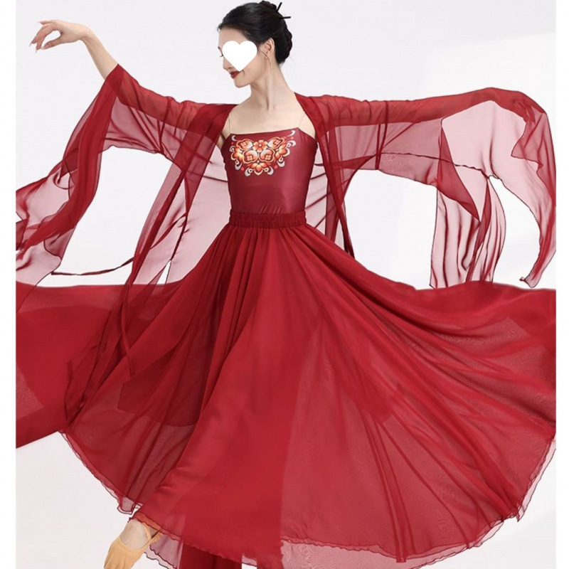 720古典舞汉服摆裙民族表演练功演出服古风中国红色飘逸舞蹈古风