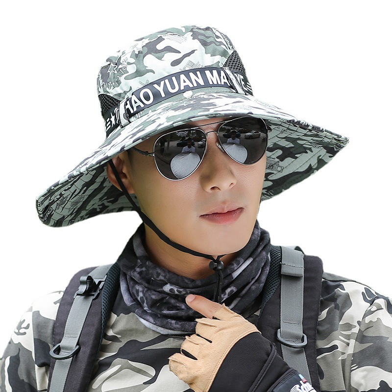 Hat Men's Summer Camouflage Sun-Shade Fisherman Hat Outdoor Fishing UV Protection Big Brim Anti-DDoS Sun Hat Wholesale