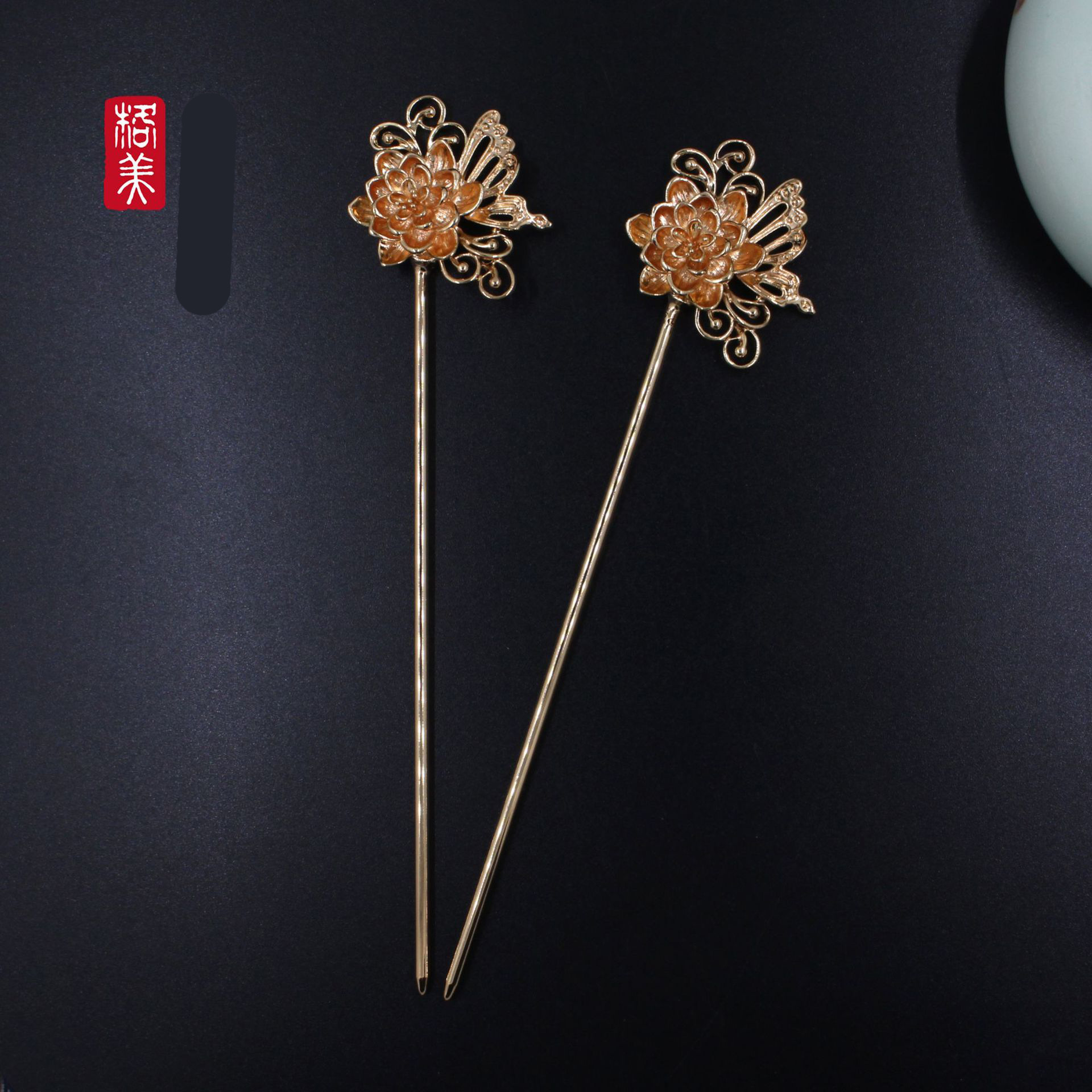 格美发饰头饰材料 160*37mm 铸铜金色蝶恋花发簪汉服简约配饰