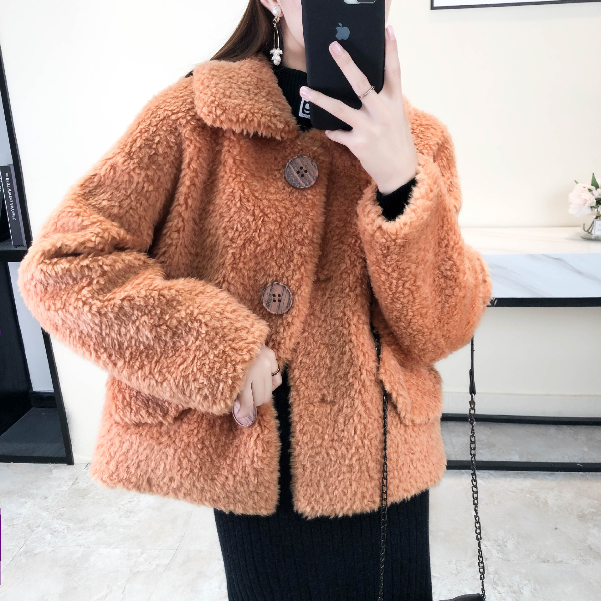 颗粒羊羔毛外套女士小个子全羊毛皮毛一体羊剪绒百搭大气海宁皮草