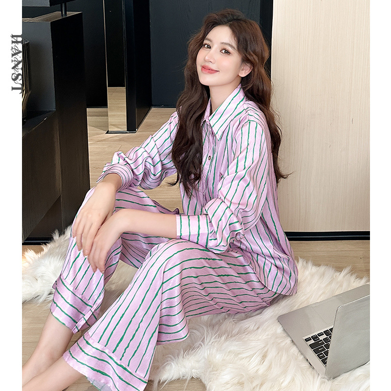 2024年新品冰丝睡衣长袖长裤两件套丝绸薄款女士家居服套装可外穿