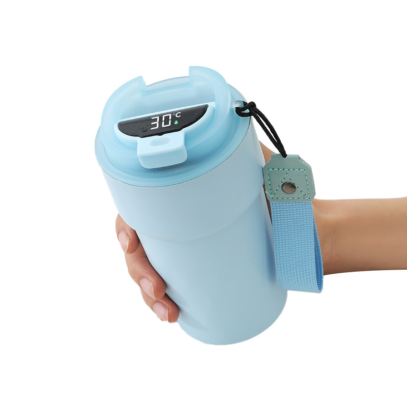 New Smart Temperature-Showing Rhombus Coffee Cup Girl Good-looking Thermos Cup with Rope Handle Portable Vehicle-Mounted Cup with Straw