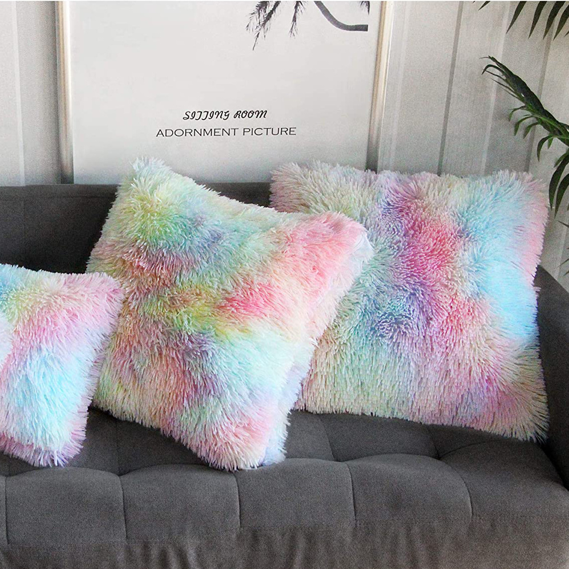 Nordic Simple Ins Style Long Wool Pillow Wholesale Living Room Sofa Plush Cushion Sea Velvet Gradient Color Pillow Cover