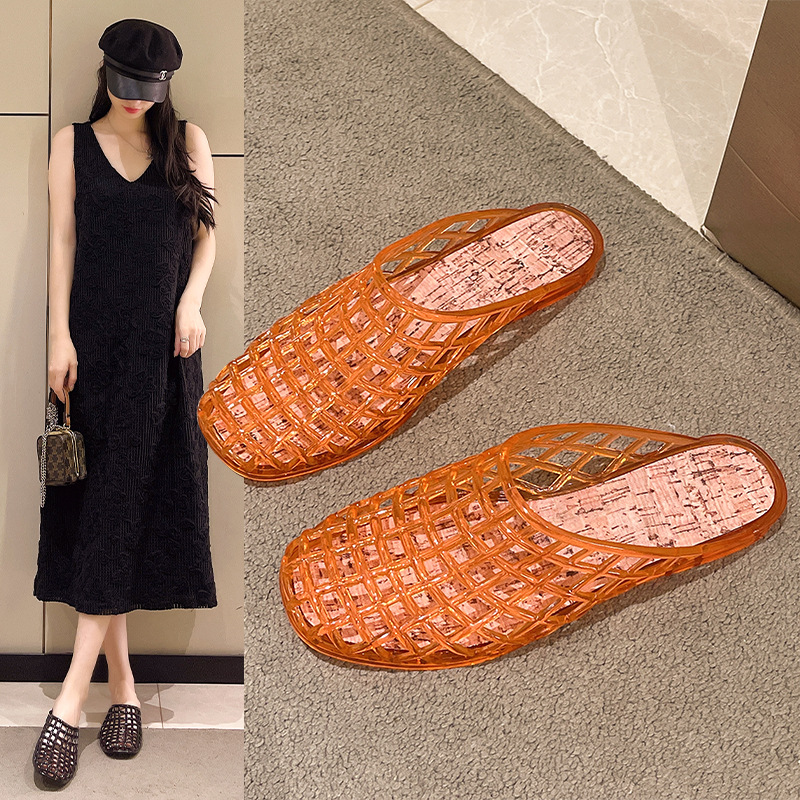 新款韩版透明包头拖鞋小众设计凉鞋平底镂空鞋舒适透气圆头洞洞鞋