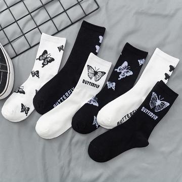 蝴蝶潮袜中筒棉袜欧美街头ins潮流蝴蝶长筒袜嘻哈滑板袜-阿里巴巴
